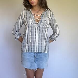 Vintage Passport Lace Front Striped Long Sleeve Blouse